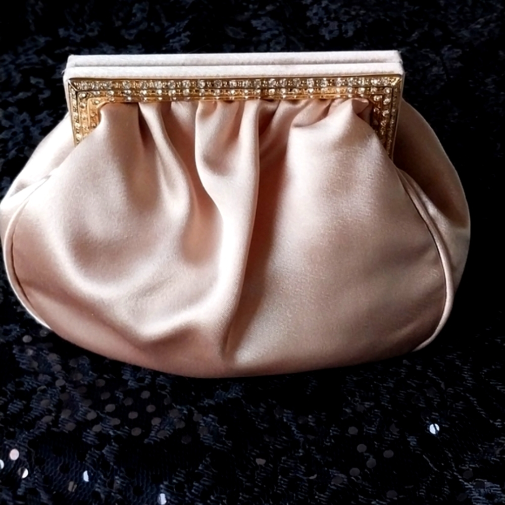 Satin Clutch Evening Hand Bag 2 Short Handles Pearl & Gold Chain
